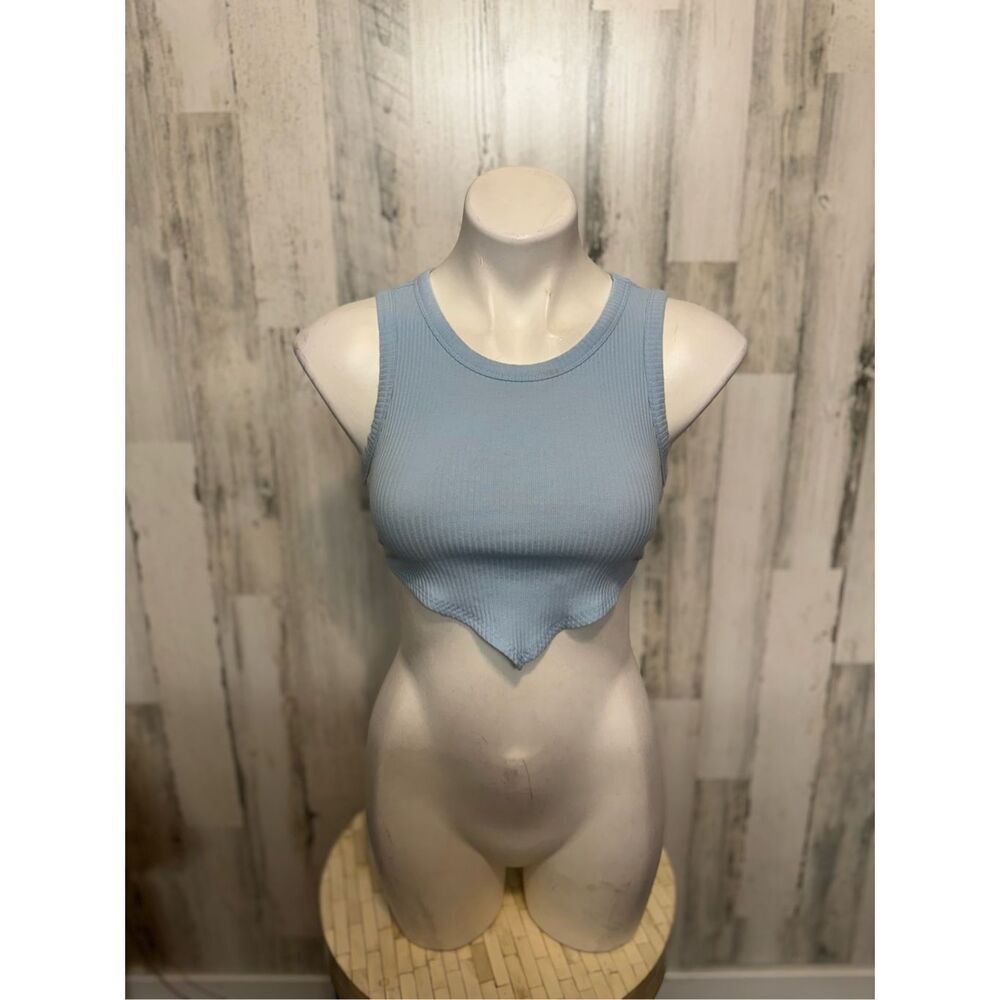 SHEIN Light Blue Ribbed Crop Top Womens Size Small S Asymmetric Hem Tank Tee